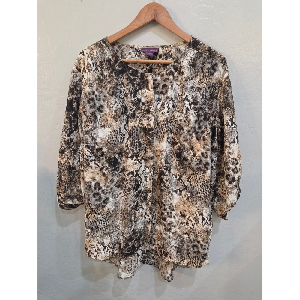 Beverly Drive Womens 3XL Snakeskin Print Blouse Brown 3/4 Roll Tab Sleeve Top